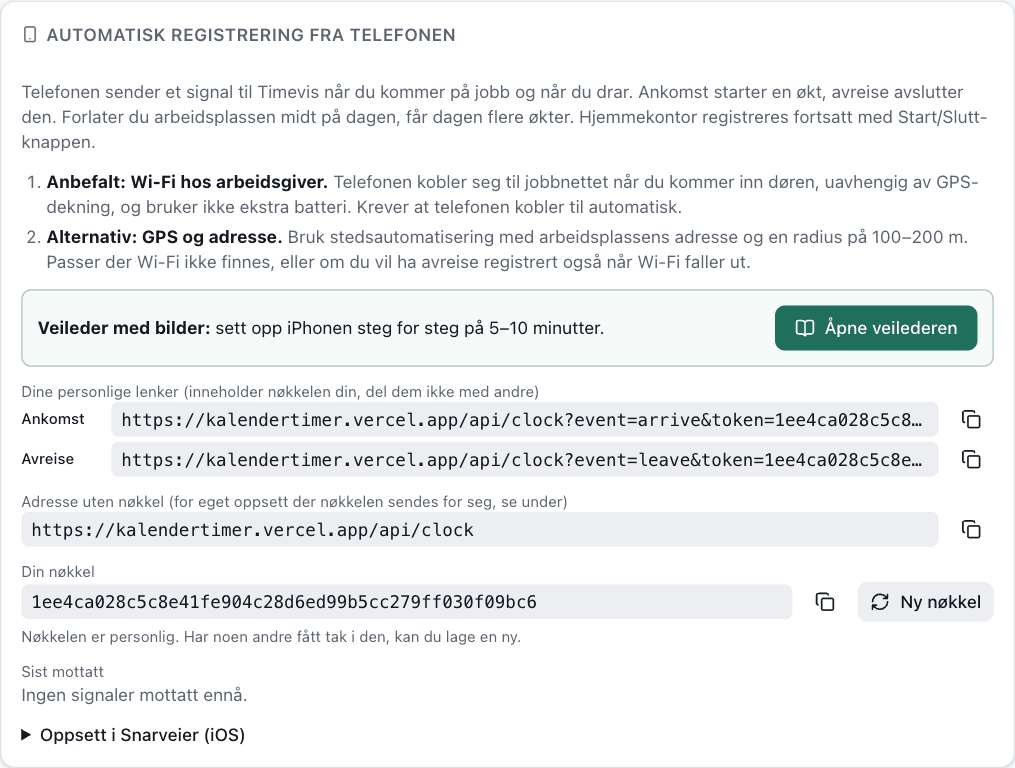 Kortet Automatisk registrering fra telefonen med personlige lenker og knapp til veilederen