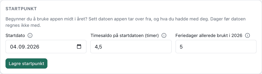 Startpunkt-kortet med startdato, timesaldo og feriedager brukt