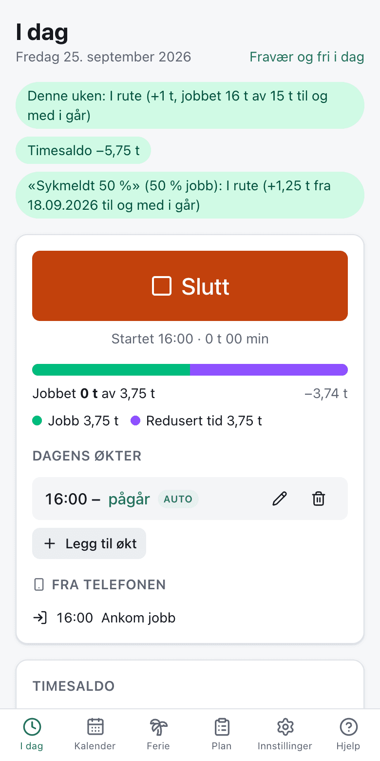 Forsiden på mobil med stor Slutt-knapp og bunnmeny
